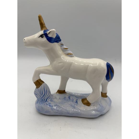 Vintage Ceramic Unicorn Figurine 5.5” Blue Mane Tail Gold Accents Glossy - Picture 1 of 7